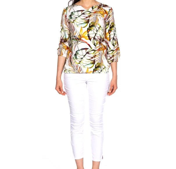 Bluse V-Ausschnitt multicolor Viskose Leinen